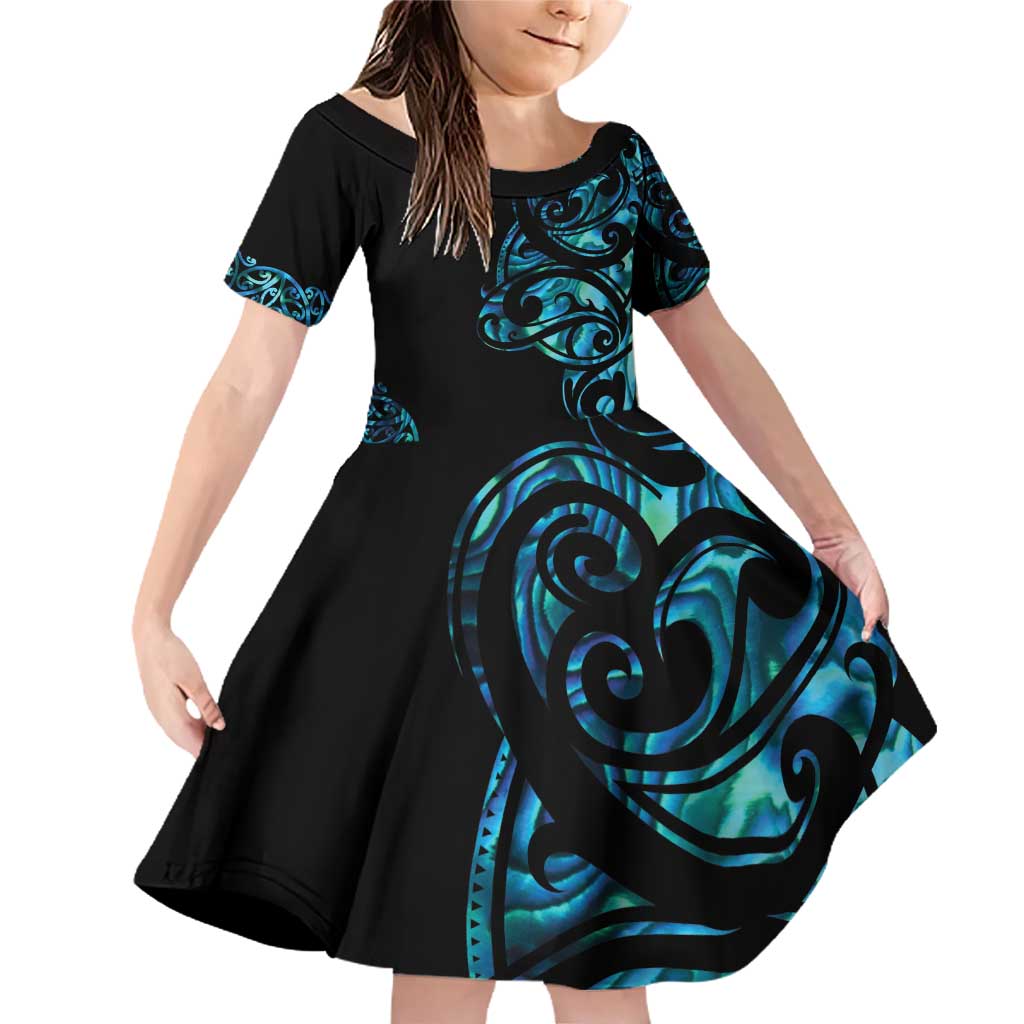All Black Maori Tribal Tattoo Personalised Family Matching Off Shoulder Short Dress and Hawaiian Shirt Polynesian Style LT9 Daughter's Dress Black - Polynesian Pride