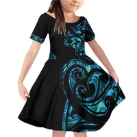 All Black Maori Tribal Tattoo Personalised Family Matching Off Shoulder Short Dress and Hawaiian Shirt Polynesian Style LT9 Daughter's Dress Black - Polynesian Pride