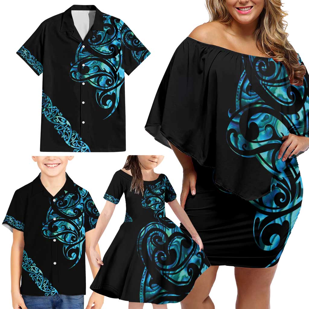 All Black Maori Tribal Tattoo Personalised Family Matching Off Shoulder Short Dress and Hawaiian Shirt Polynesian Style LT9 - Polynesian Pride