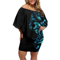 All Black Maori Tribal Tattoo Personalised Family Matching Off Shoulder Short Dress and Hawaiian Shirt Polynesian Style LT9 Mom's Dress Black - Polynesian Pride