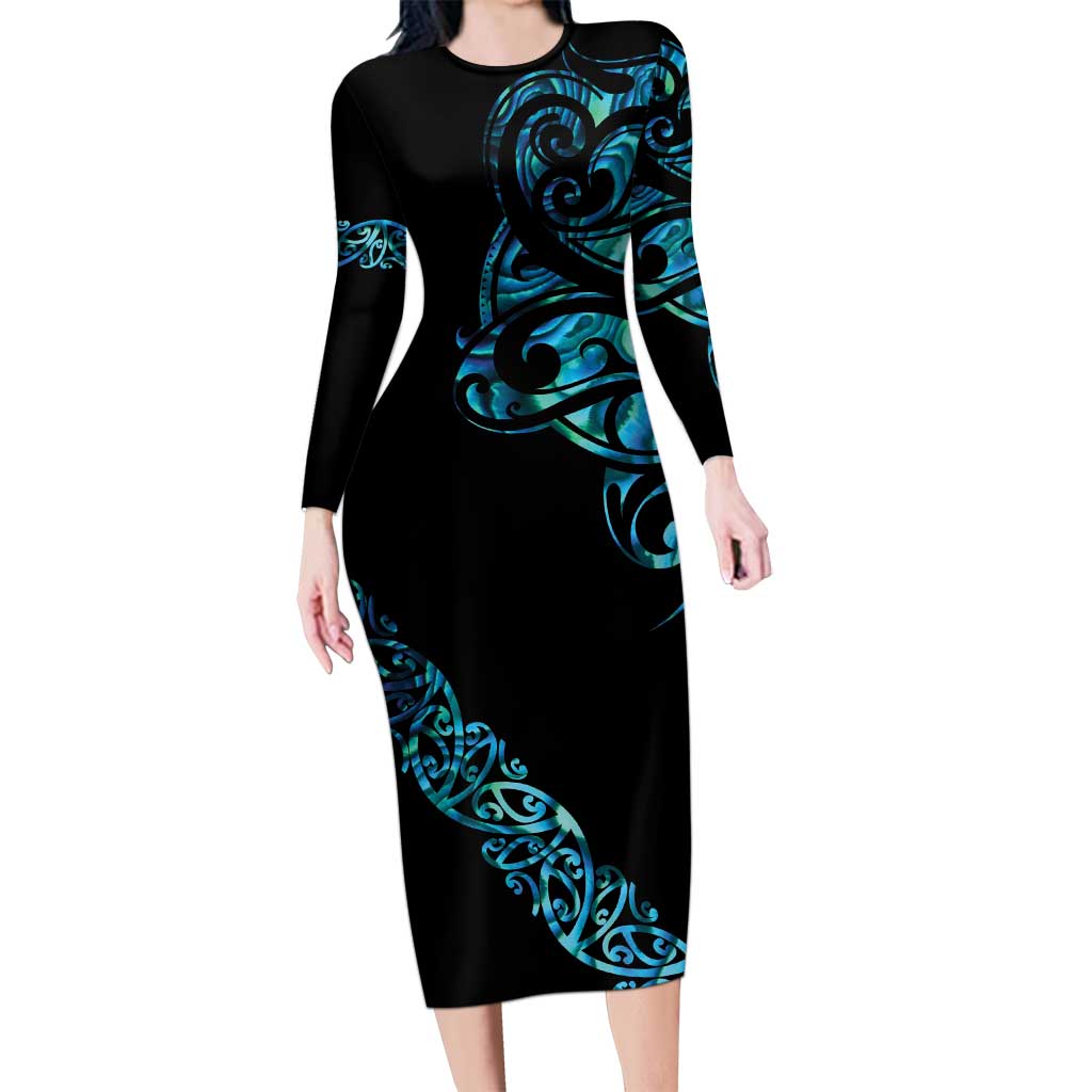 All Black Maori Tribal Tattoo Personalised Long Sleeve Bodycon Dress Polynesian Style LT9 Long Dress Black - Polynesian Pride