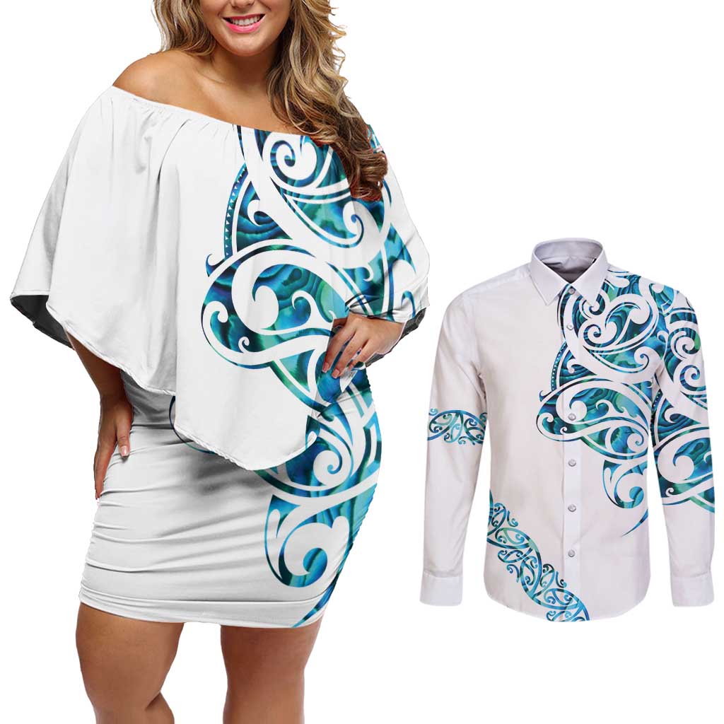 All White Maori Tribal Tattoo Personalised Couples Matching Off Shoulder Short Dress and Long Sleeve Button Shirt Polynesian Style