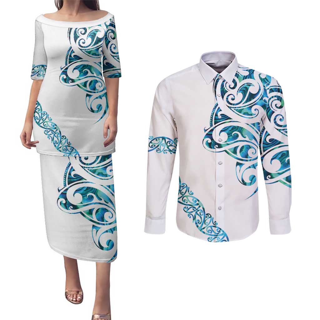 All White Maori Tribal Tattoo Personalised Couples Matching Puletasi and Long Sleeve Button Shirt Polynesian Style LT9 White - Polynesian Pride