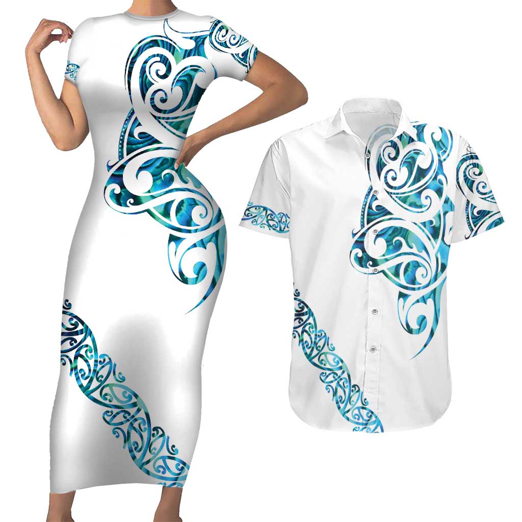 All White Maori Tribal Tattoo Personalised Couples Matching Short Sleeve Bodycon Dress and Hawaiian Shirt Polynesian Style LT9 White - Polynesian Pride