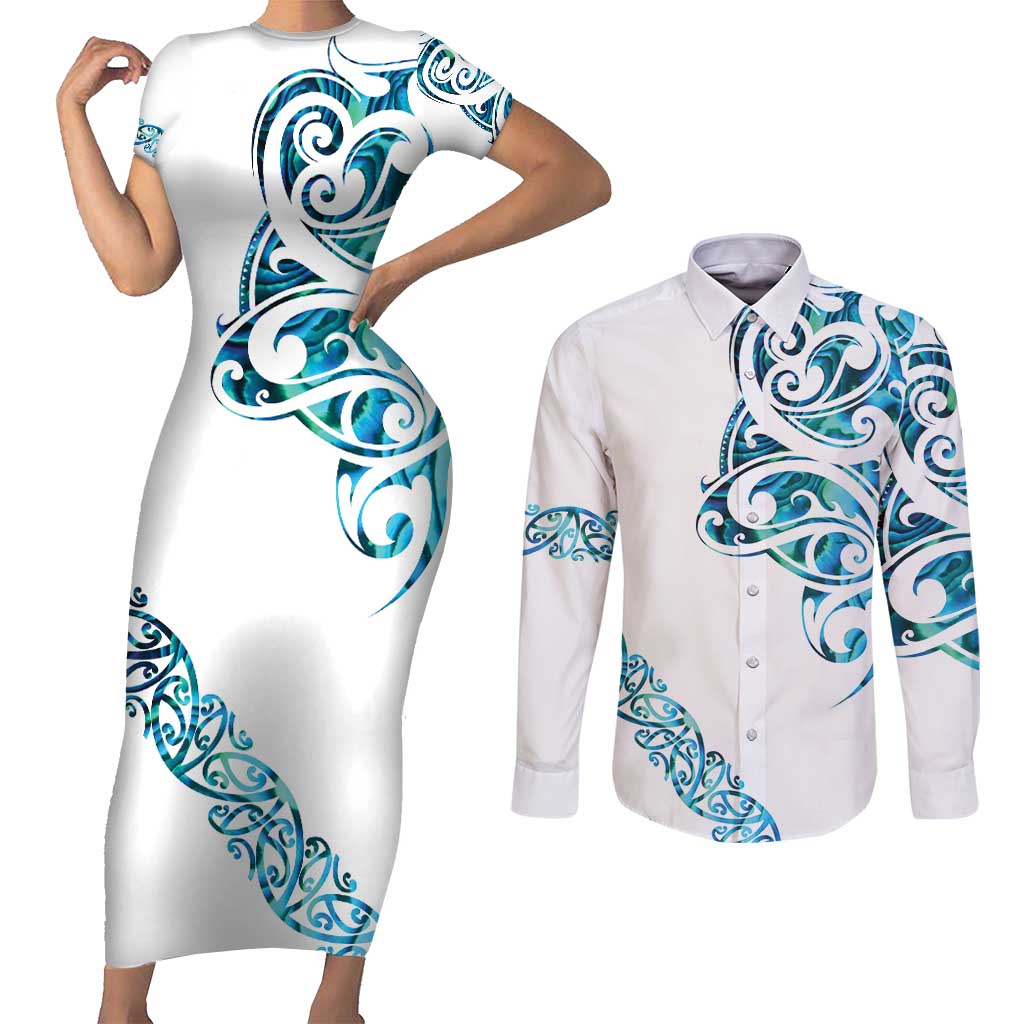 All White Maori Tribal Tattoo Personalised Couples Matching Short Sleeve Bodycon Dress and Long Sleeve Button Shirt Polynesian Style