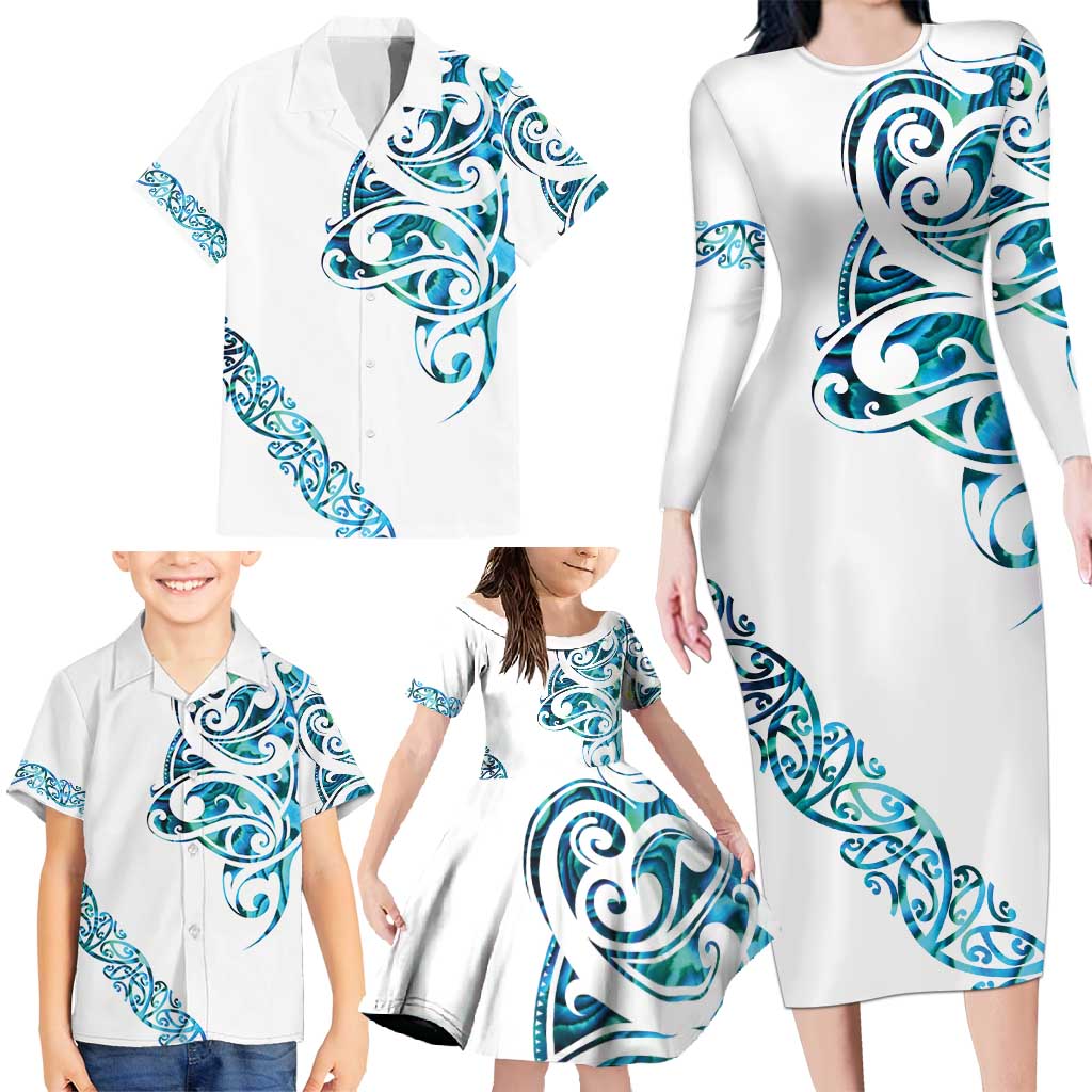 All White Maori Tribal Tattoo Personalised Family Matching Long Sleeve Bodycon Dress and Hawaiian Shirt Polynesian Style