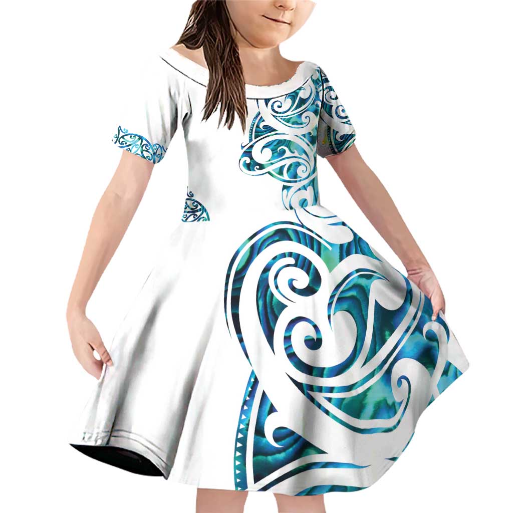All White Maori Tribal Tattoo Personalised Family Matching Off Shoulder Short Dress and Hawaiian Shirt Polynesian Style LT9 Daughter's Dress White - Polynesian Pride