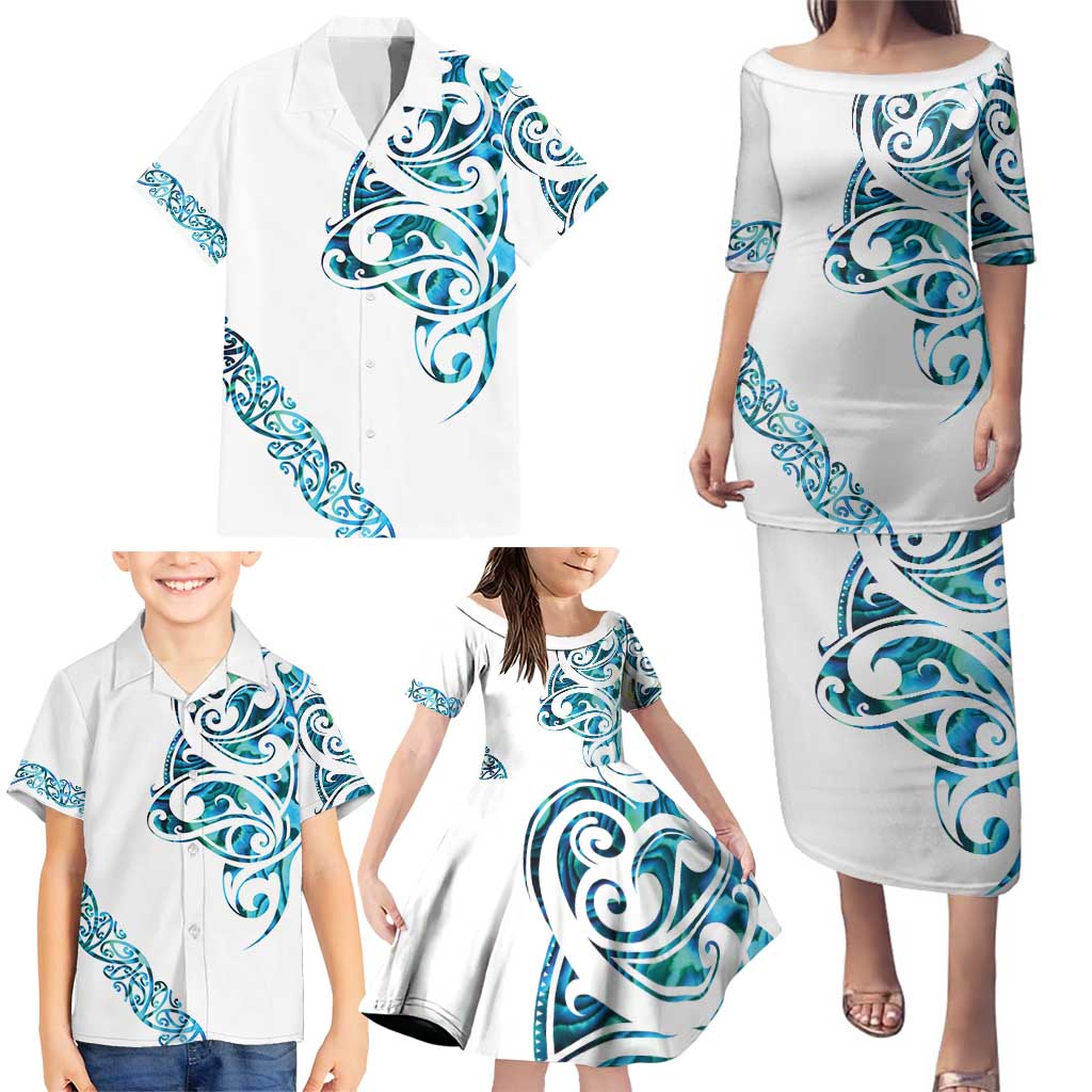 All White Maori Tribal Tattoo Personalised Family Matching Puletasi and Hawaiian Shirt Polynesian Style