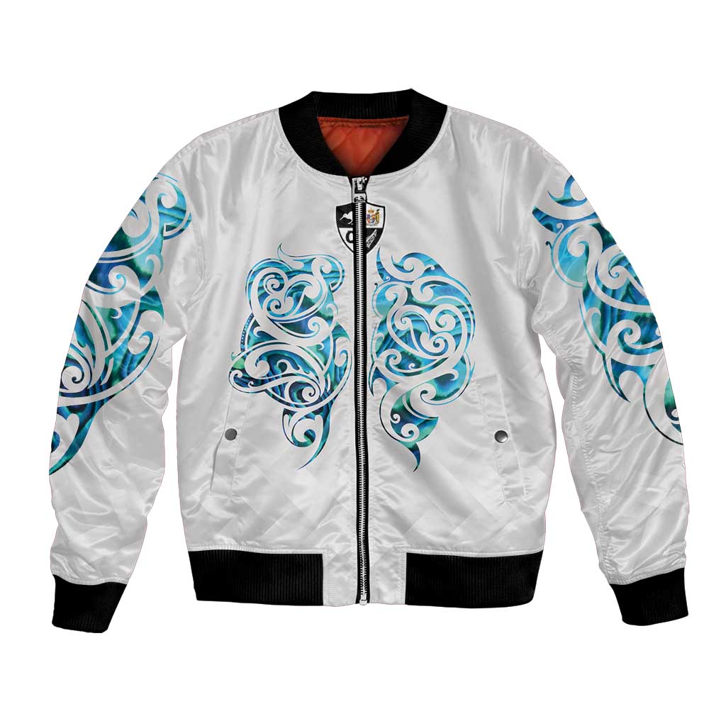 Queensland Maori Kiwi Personalised Bomber Jacket Ma Kakariki Papua Shell Maori Tribal Tattoo LT9 Unisex White - Polynesian Pride