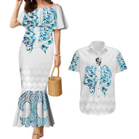Queensland Maori Kiwi Personalised Couples Matching Mermaid Dress and Hawaiian Shirt Ma Kakariki Papua Shell Maori Tribal Tattoo LT9 White - Polynesian Pride