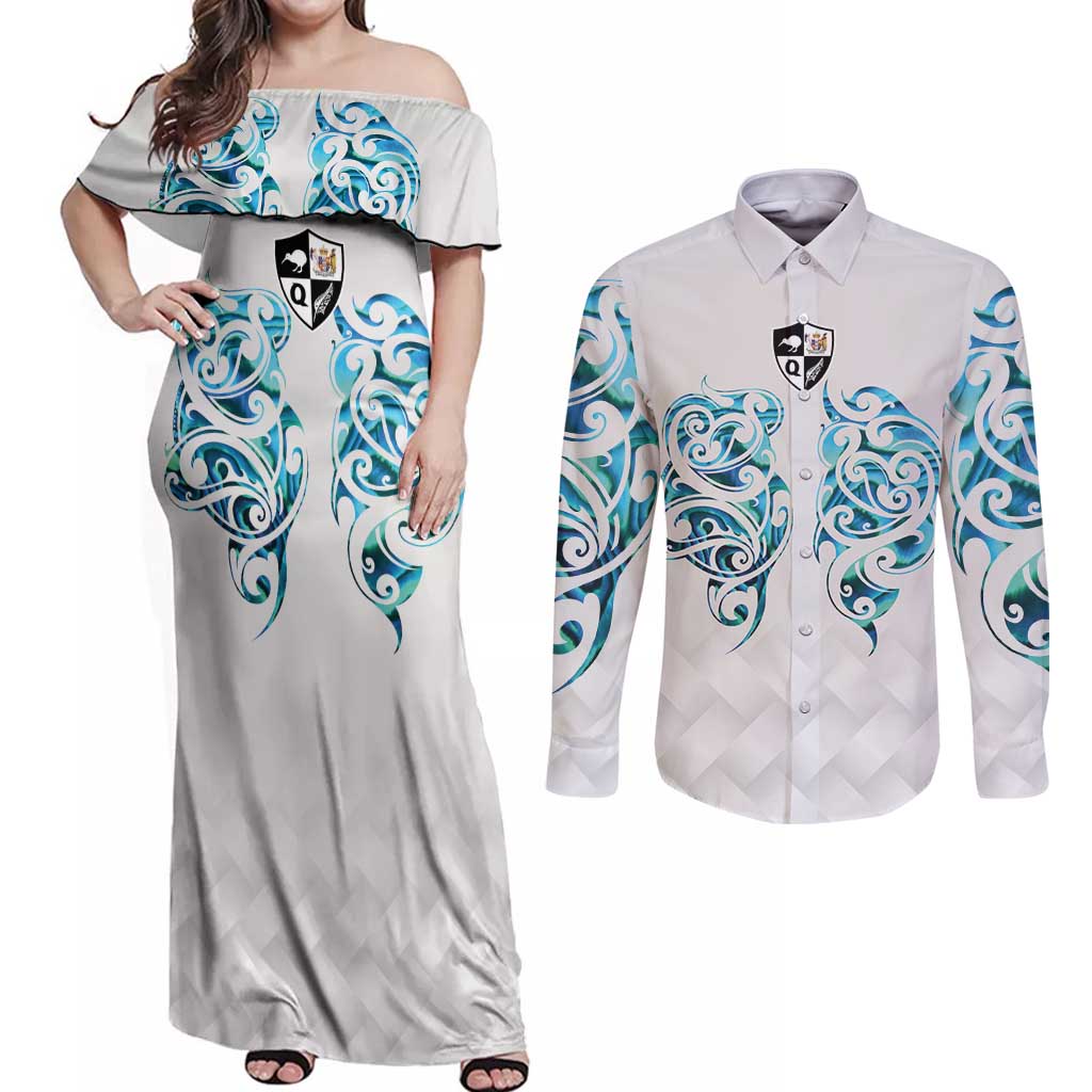 Queensland Maori Kiwi Personalised Couples Matching Off Shoulder Maxi Dress and Long Sleeve Button Shirt Ma Kakariki Papua Shell Maori Tribal Tattoo LT9 White - Polynesian Pride