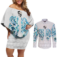 Queensland Maori Kiwi Personalised Couples Matching Off Shoulder Short Dress and Long Sleeve Button Shirt Ma Kakariki Papua Shell Maori Tribal Tattoo LT9 White - Polynesian Pride