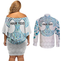 Queensland Maori Kiwi Personalised Couples Matching Off Shoulder Short Dress and Long Sleeve Button Shirt Ma Kakariki Papua Shell Maori Tribal Tattoo LT9 - Polynesian Pride