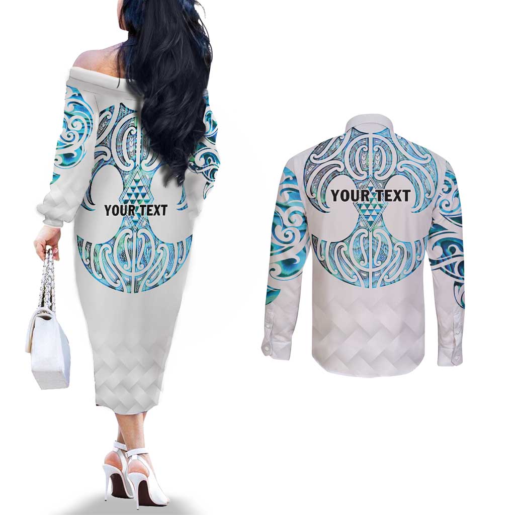 Queensland Maori Kiwi Personalised Couples Matching Off The Shoulder Long Sleeve Dress and Long Sleeve Button Shirt Ma Kakariki Papua Shell Maori Tribal Tattoo LT9 - Polynesian Pride