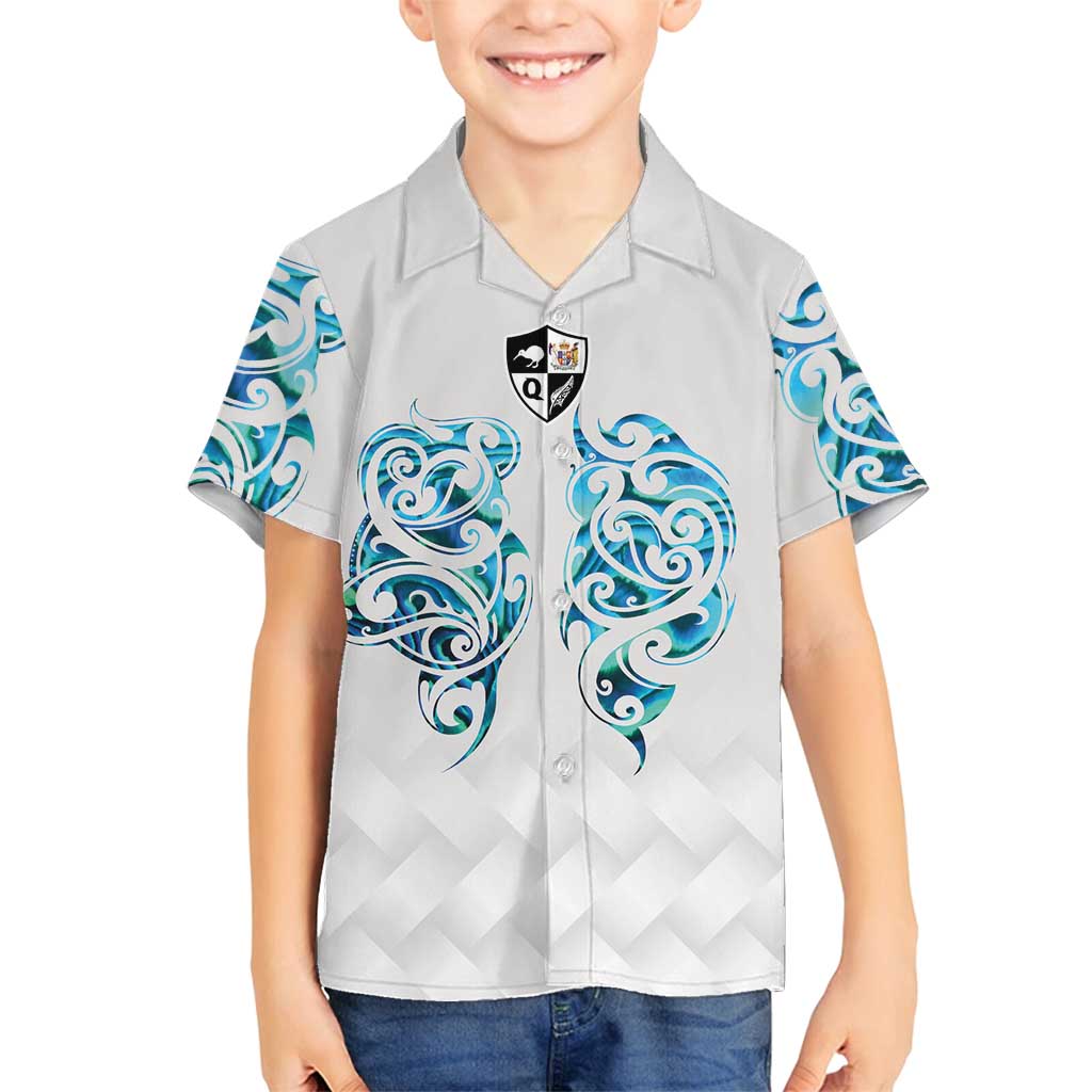 Queensland Maori Kiwi Personalised Family Matching Puletasi and Hawaiian Shirt Ma Kakariki Papua Shell Maori Tribal Tattoo LT9 Son's Shirt White - Polynesian Pride