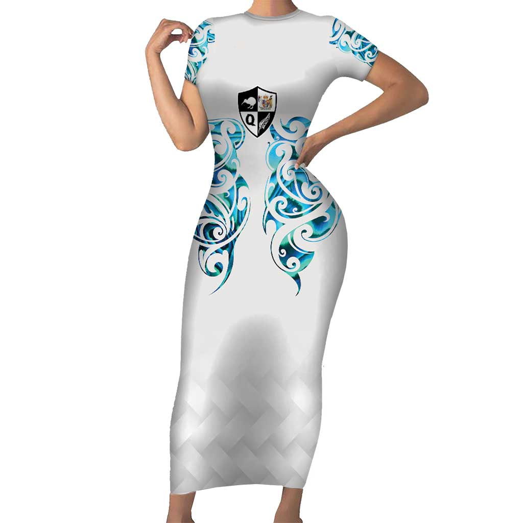 Queensland Maori Kiwi Personalised Family Matching Short Sleeve Bodycon Dress and Hawaiian Shirt Ma Kakariki Papua Shell Maori Tribal Tattoo LT9 Mom's Dress White - Polynesian Pride