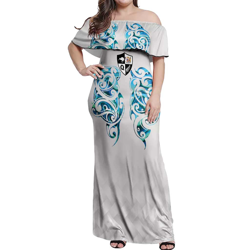 Queensland Maori Kiwi Personalised Off Shoulder Maxi Dress Ma Kakariki Papua Shell Maori Tribal Tattoo LT9 Women White - Polynesian Pride