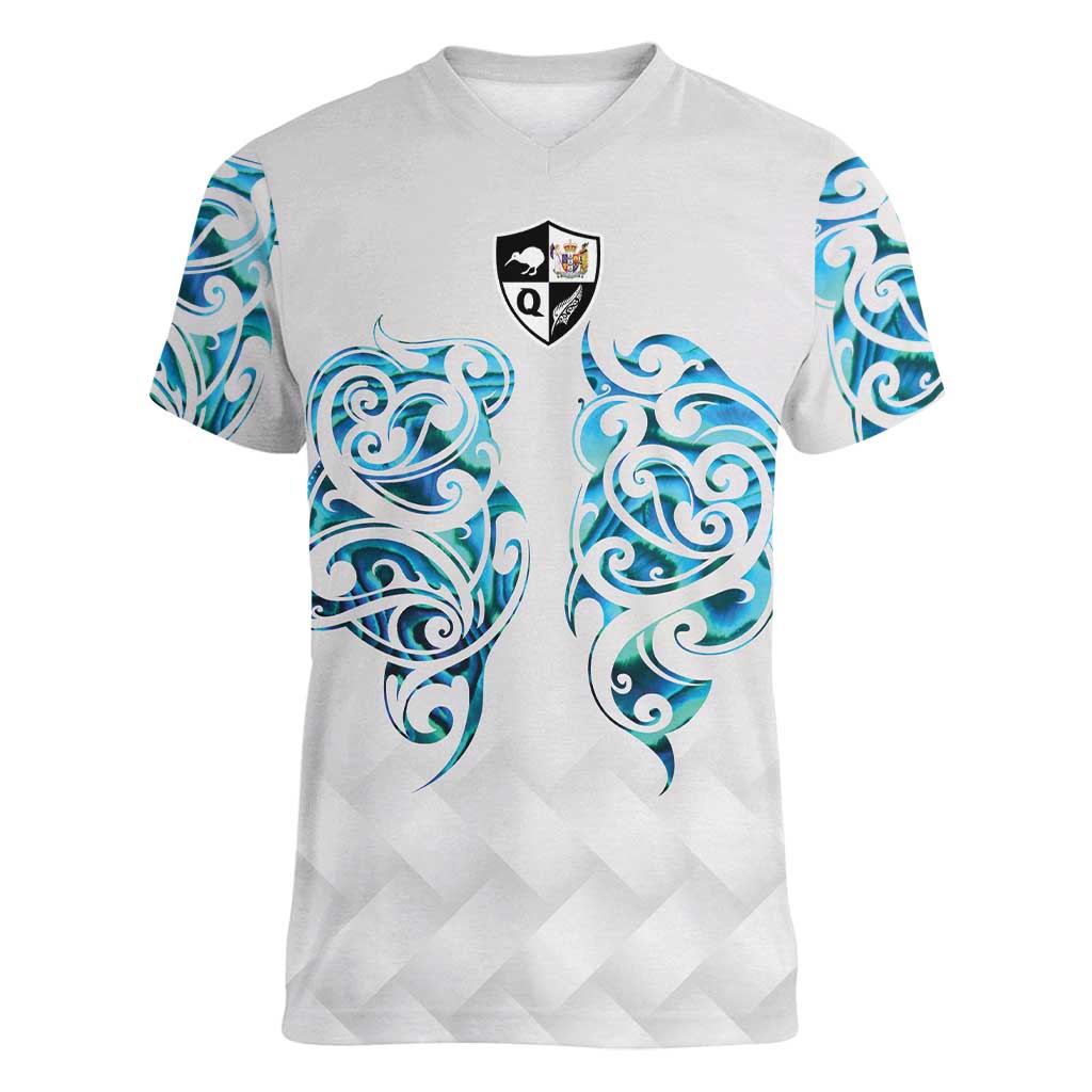 Queensland Maori Kiwi Personalised Women V-Neck T-Shirt Ma Kakariki Papua Shell Maori Tribal Tattoo LT9 Female White - Polynesian Pride