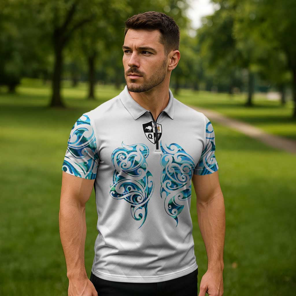 Queensland Maori Kiwi Personalised Zipper Polo Shirt Ma Kakariki Papua Shell Maori Tribal Tattoo - Polynesian Pride