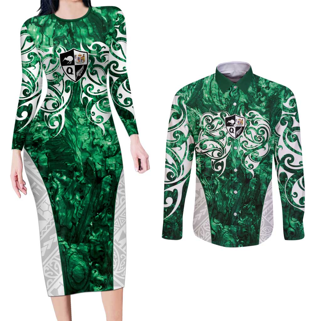 Queensland Maori Kiwi Personalised Couples Matching Long Sleeve Bodycon Dress and Long Sleeve Button Shirt Kikirangi Papua Shell Maori Tribal Tattoo LT9 Green - Polynesian Pride
