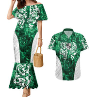 Queensland Maori Kiwi Personalised Couples Matching Mermaid Dress and Hawaiian Shirt Kikirangi Papua Shell Maori Tribal Tattoo LT9 Green - Polynesian Pride