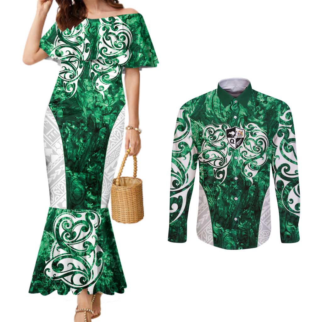 Queensland Maori Kiwi Personalised Couples Matching Mermaid Dress and Long Sleeve Button Shirt Kikirangi Papua Shell Maori Tribal Tattoo