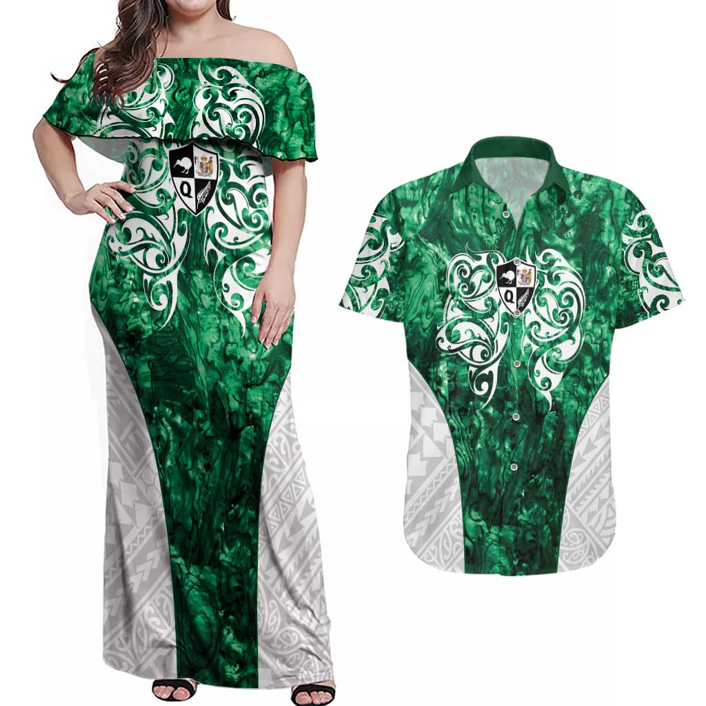 Queensland Maori Kiwi Personalised Couples Matching Off Shoulder Maxi Dress and Hawaiian Shirt Kikirangi Papua Shell Maori Tribal Tattoo