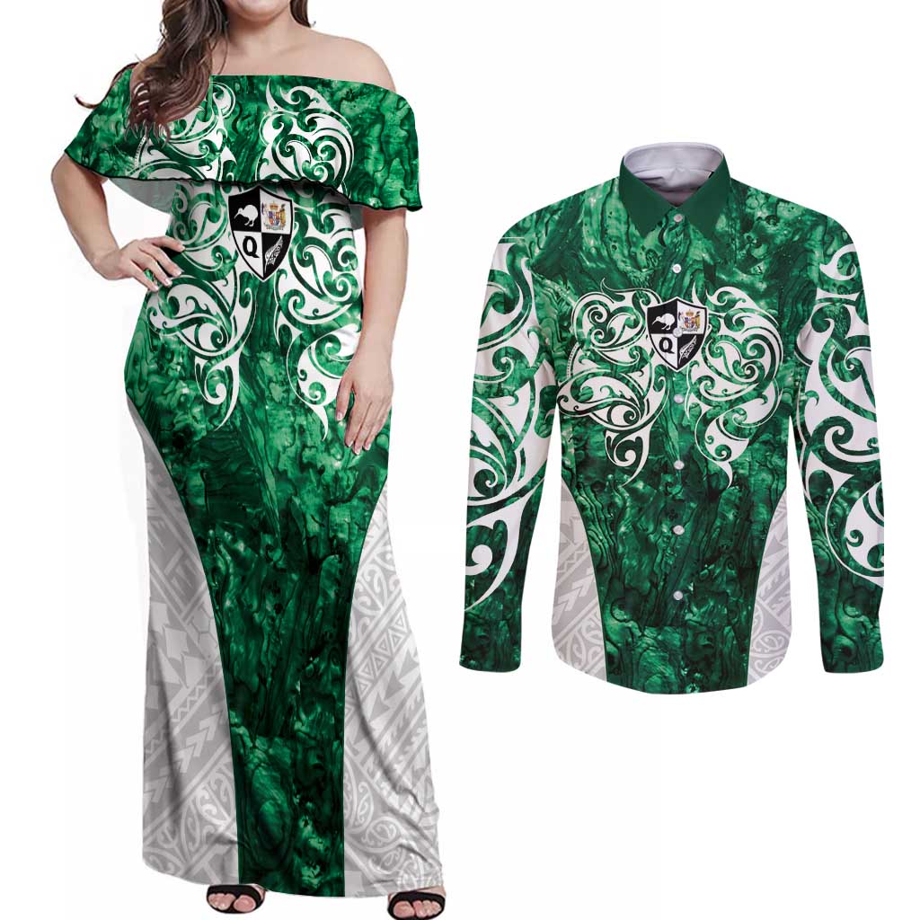 Queensland Maori Kiwi Personalised Couples Matching Off Shoulder Maxi Dress and Long Sleeve Button Shirt Kikirangi Papua Shell Maori Tribal Tattoo