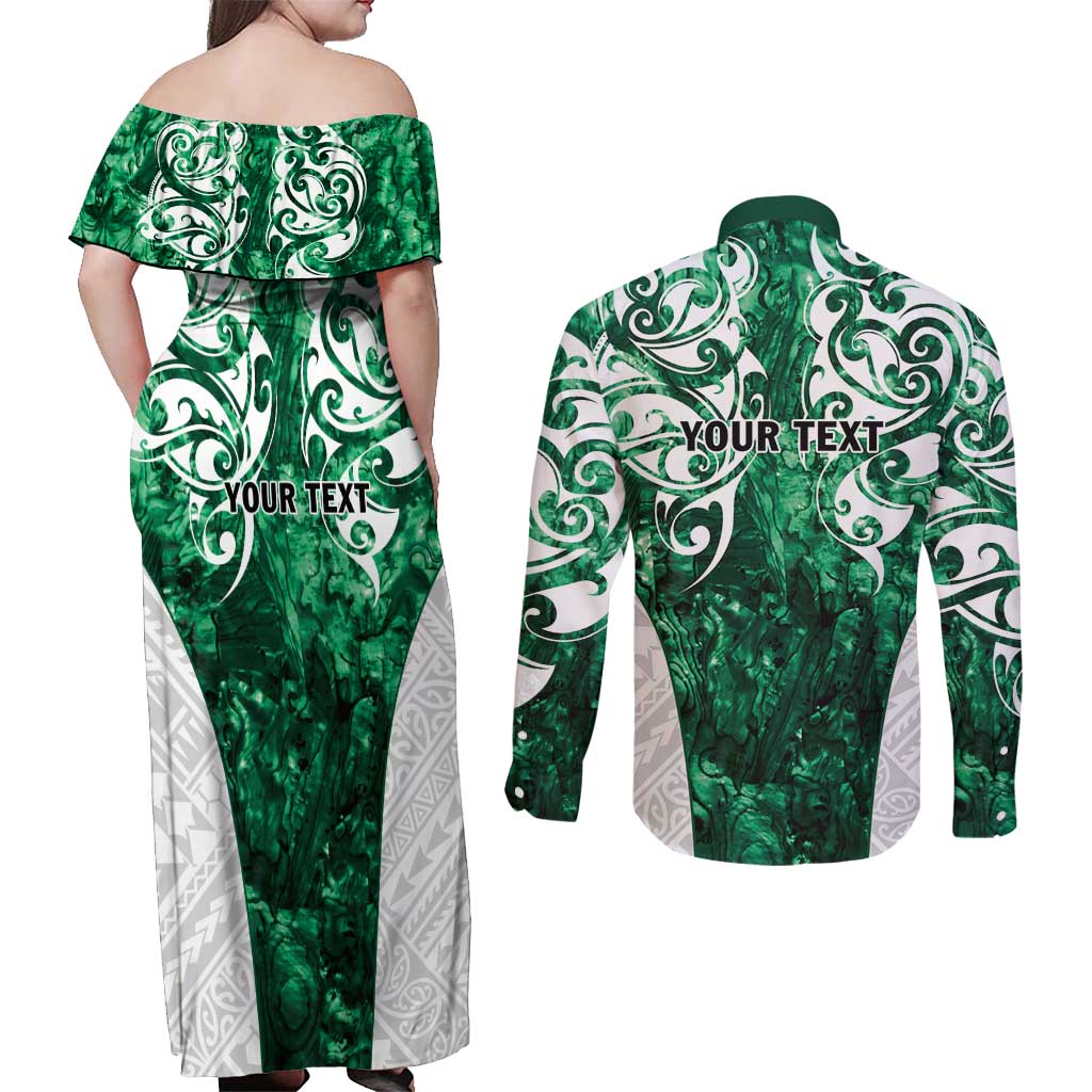 Queensland Maori Kiwi Personalised Couples Matching Off Shoulder Maxi Dress and Long Sleeve Button Shirt Kikirangi Papua Shell Maori Tribal Tattoo LT9 - Polynesian Pride
