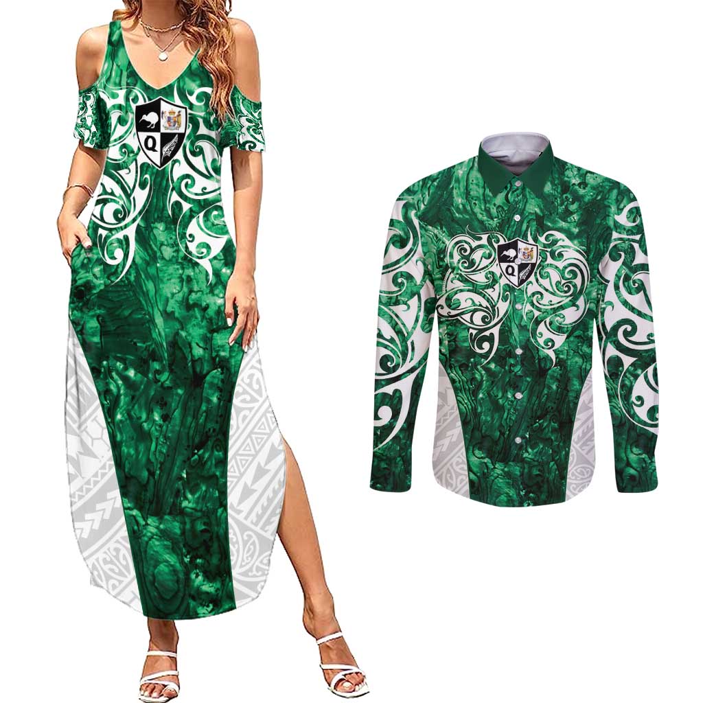 Queensland Maori Kiwi Personalised Couples Matching Summer Maxi Dress and Long Sleeve Button Shirt Kikirangi Papua Shell Maori Tribal Tattoo