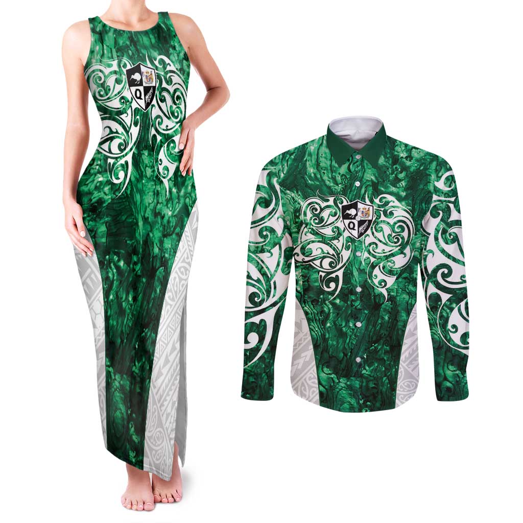 Queensland Maori Kiwi Personalised Couples Matching Tank Maxi Dress and Long Sleeve Button Shirt Kikirangi Papua Shell Maori Tribal Tattoo LT9 Green - Polynesian Pride