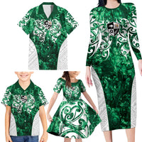 Queensland Maori Kiwi Personalised Family Matching Long Sleeve Bodycon Dress and Hawaiian Shirt Kikirangi Papua Shell Maori Tribal Tattoo
