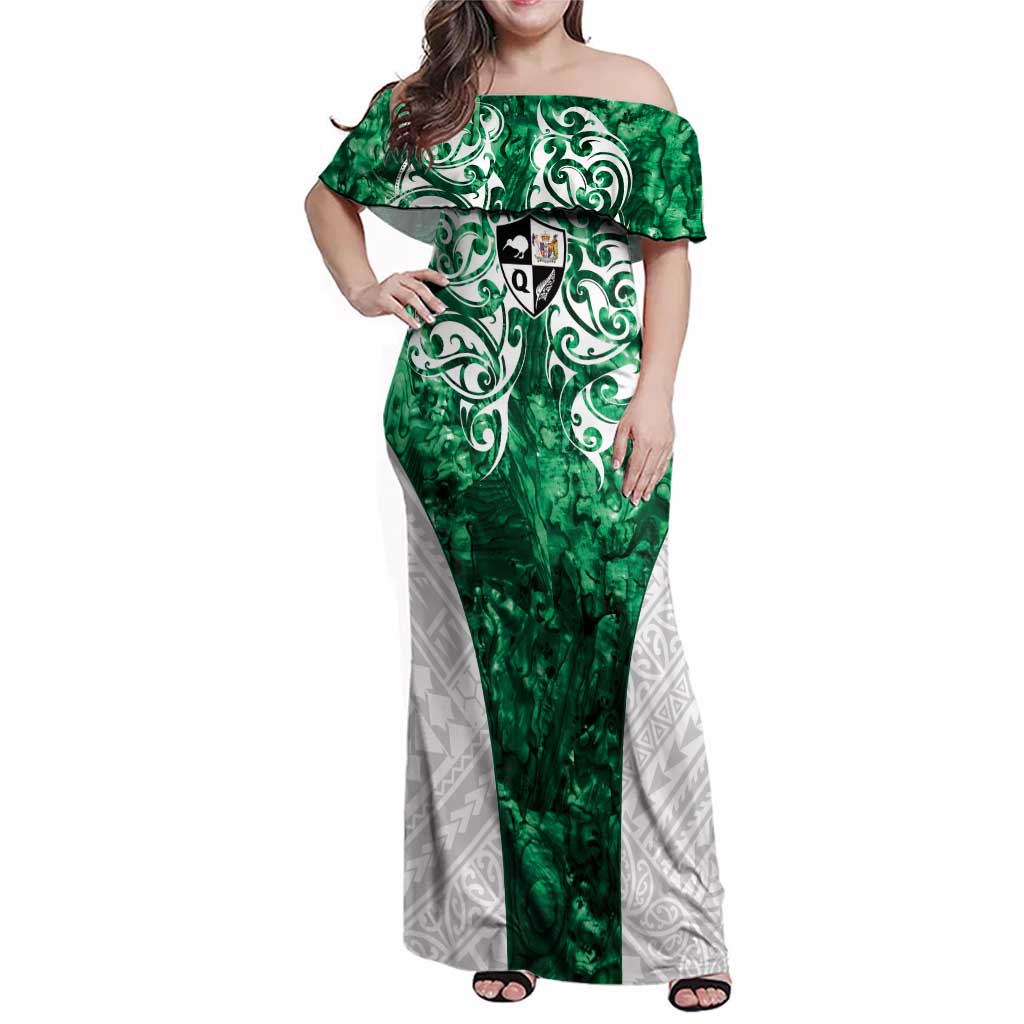 Queensland Maori Kiwi Personalised Family Matching Off Shoulder Maxi Dress and Hawaiian Shirt Kikirangi Papua Shell Maori Tribal Tattoo LT9 Mom's Dress Green - Polynesian Pride