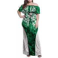 Queensland Maori Kiwi Personalised Family Matching Off Shoulder Maxi Dress and Hawaiian Shirt Kikirangi Papua Shell Maori Tribal Tattoo LT9 Mom's Dress Green - Polynesian Pride
