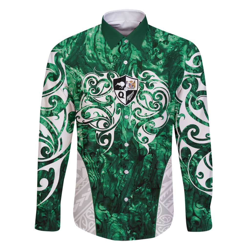 Queensland Maori Kiwi Personalised Family Matching Summer Maxi Dress and Hawaiian Shirt Kikirangi Papua Shell Maori Tribal Tattoo LT9 Dad's Shirt - Long Sleeve Green - Polynesian Pride