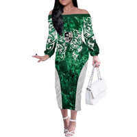 Queensland Maori Kiwi Personalised Off The Shoulder Long Sleeve Dress Kikirangi Papua Shell Maori Tribal Tattoo LT9 Women Green - Polynesian Pride