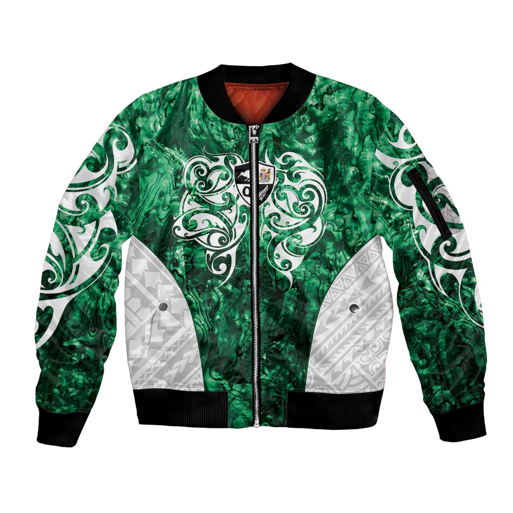 Queensland Maori Kiwi Personalised Sleeve Zip Bomber Jacket Kikirangi Papua Shell Maori Tribal Tattoo LT9 Unisex Green - Polynesian Pride