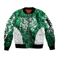 Queensland Maori Kiwi Personalised Sleeve Zip Bomber Jacket Kikirangi Papua Shell Maori Tribal Tattoo LT9 Unisex Green - Polynesian Pride