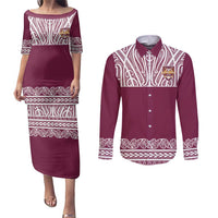 Queensland Maori Nga Hau E Wha Custom Couples Matching Puletasi and Long Sleeve Button Shirt Polynesian Maori Tribal Pattern LT9 Maroon - Polynesian Pride