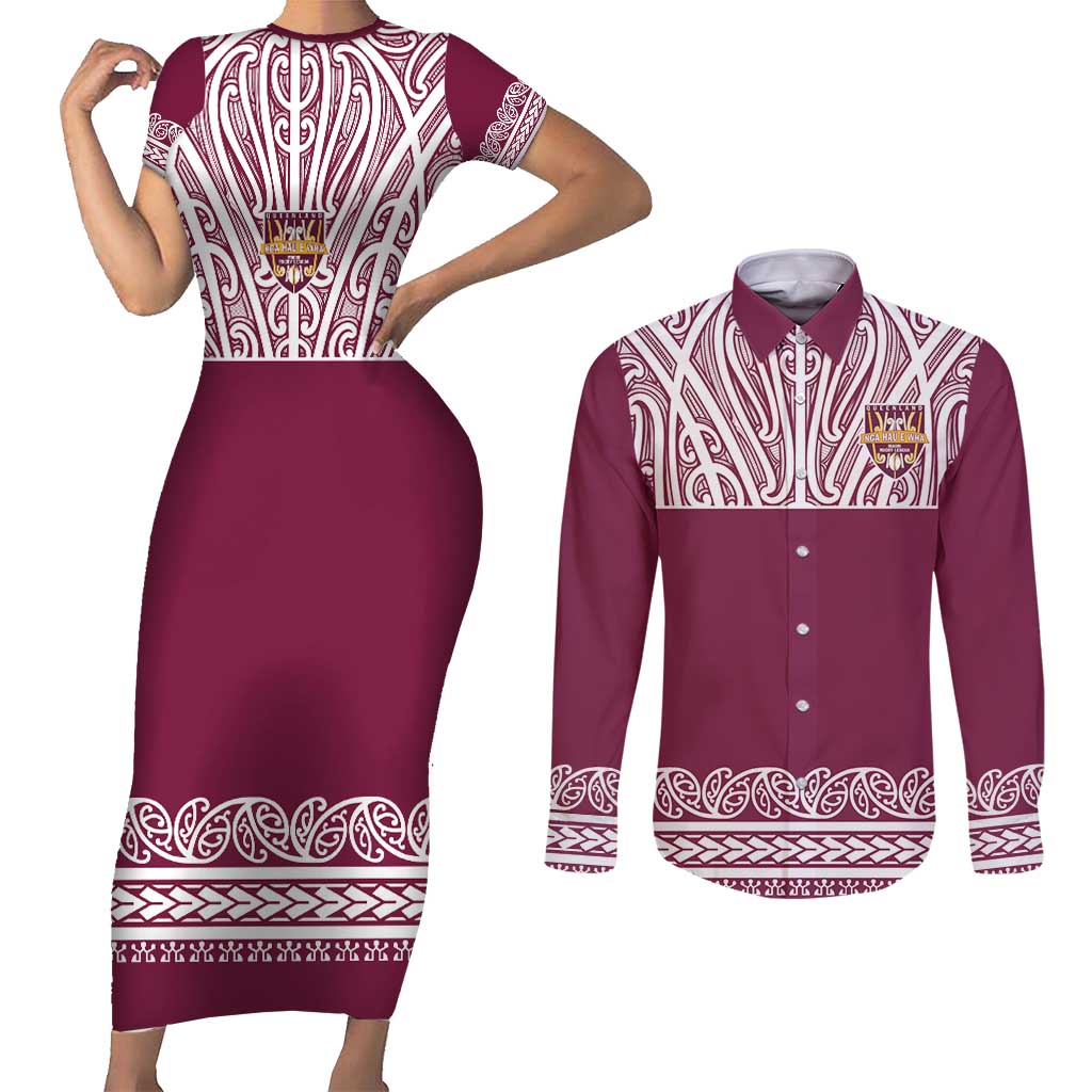 Queensland Maori Nga Hau E Wha Custom Couples Matching Short Sleeve Bodycon Dress and Long Sleeve Button Shirt Polynesian Maori Tribal Pattern