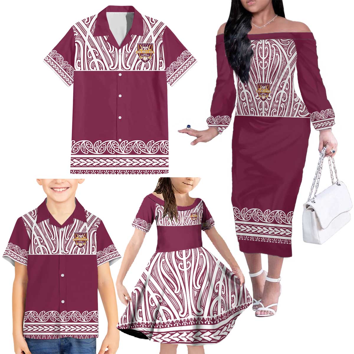 Queensland Maori Nga Hau E Wha Custom Family Matching Off The Shoulder Long Sleeve Dress and Hawaiian Shirt Polynesian Maori Tribal Pattern
