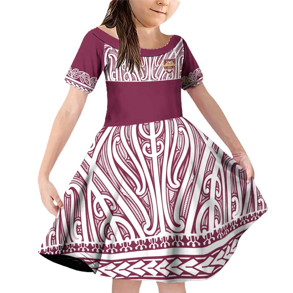 Queensland Maori Nga Hau E Wha Custom Family Matching Off Shoulder Short Dress and Hawaiian Shirt Polynesian Maori Tribal Pattern LT9 Daughter's Dress Maroon - Polynesian Pride