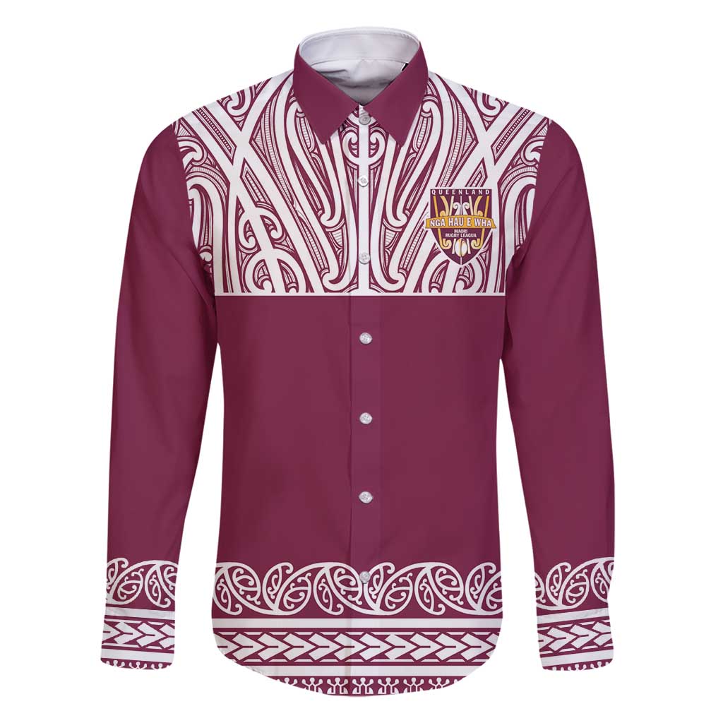Queensland Maori Nga Hau E Wha Custom Family Matching Off Shoulder Short Dress and Hawaiian Shirt Polynesian Maori Tribal Pattern LT9 Dad's Shirt - Long Sleeve Maroon - Polynesian Pride