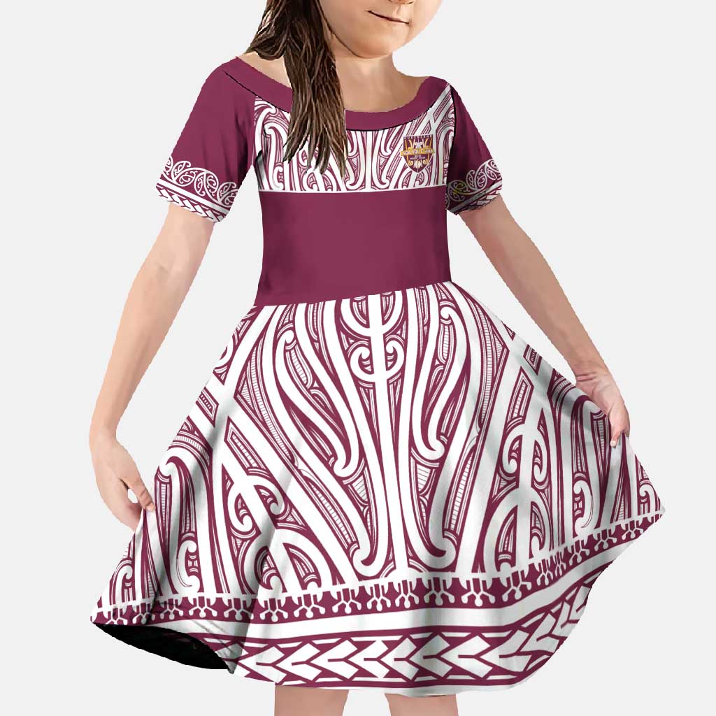Queensland Maori Nga Hau E Wha Custom Family Matching Summer Maxi Dress and Hawaiian Shirt Polynesian Maori Tribal Pattern LT9 Daughter's Dress Maroon - Polynesian Pride