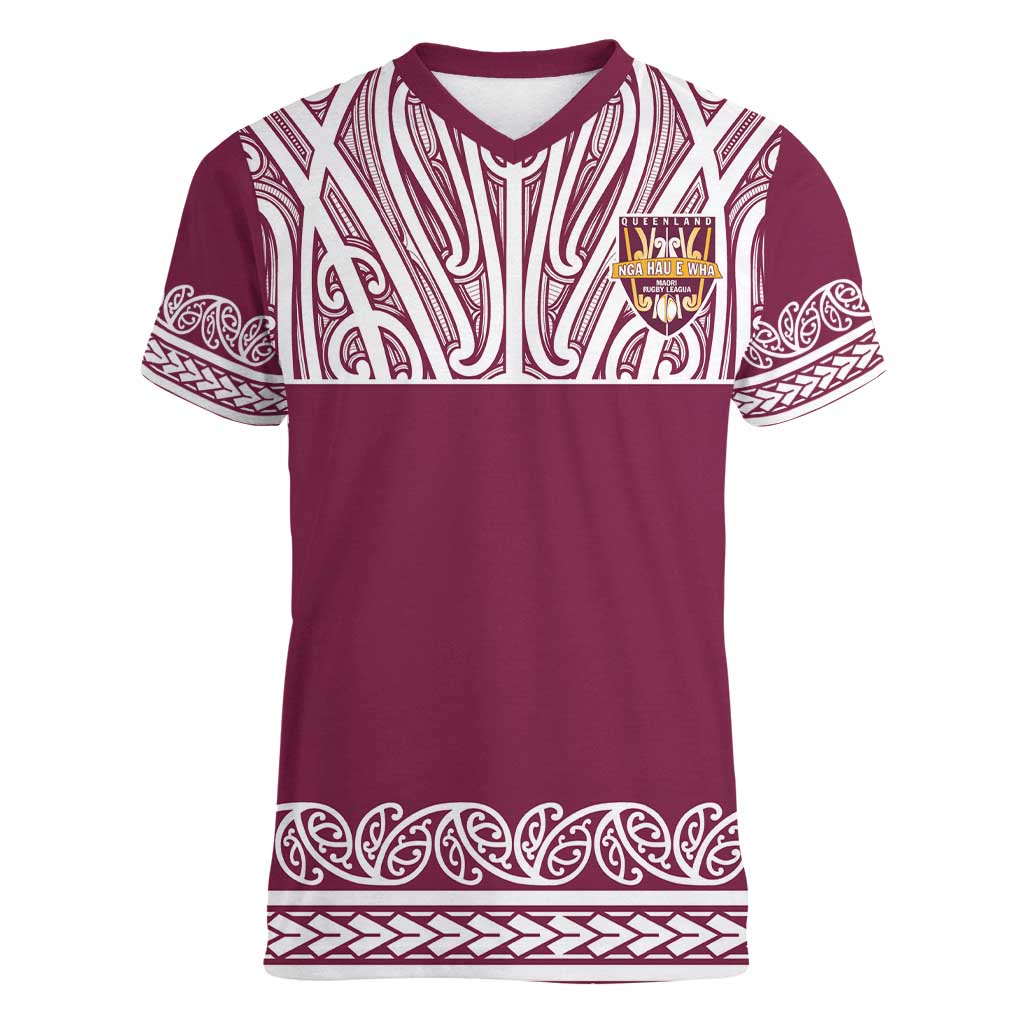 Queensland Maori Nga Hau E Wha Custom Women V-Neck T-Shirt Polynesian Maori Tribal Pattern
