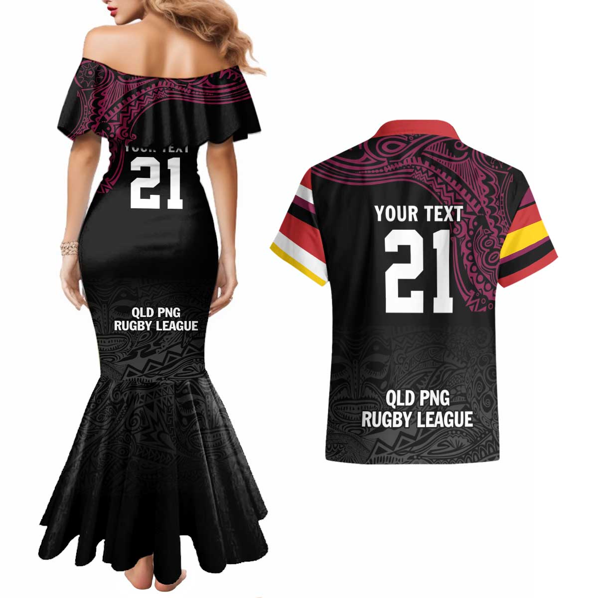 Queensland Papua New Guinea Custom Couples Matching Mermaid Dress and Hawaiian Shirt All Black Pacific PNG Tribal Style
