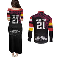 Queensland Papua New Guinea Custom Couples Matching Puletasi and Long Sleeve Button Shirt All Black Pacific PNG Tribal Style