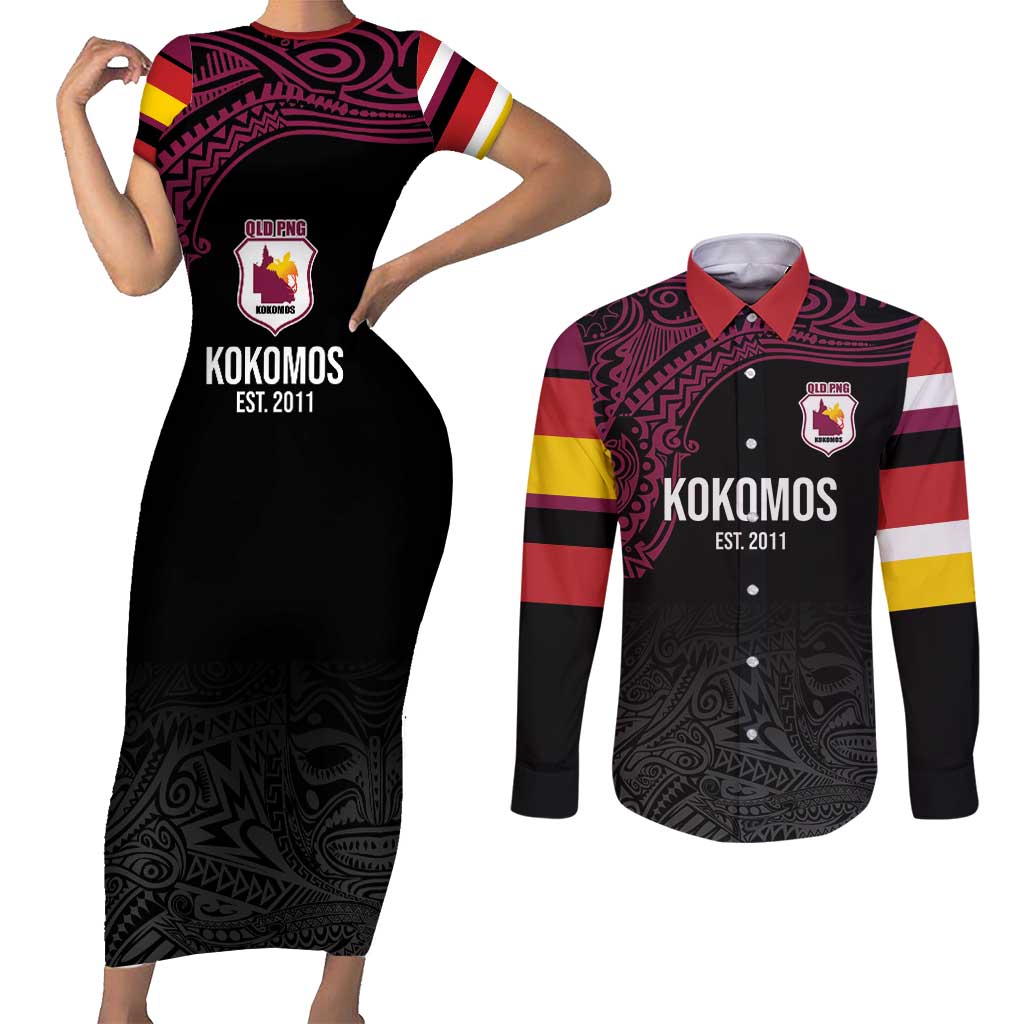 Queensland Papua New Guinea Custom Couples Matching Short Sleeve Bodycon Dress and Long Sleeve Button Shirt All Black Pacific PNG Tribal Style