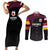 Queensland Papua New Guinea Custom Couples Matching Short Sleeve Bodycon Dress and Long Sleeve Button Shirt All Black Pacific PNG Tribal Style