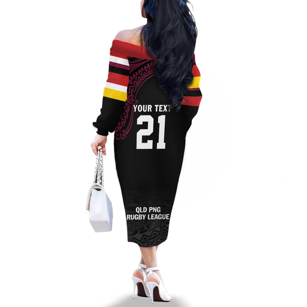 Queensland Papua New Guinea Custom Family Matching Off The Shoulder Long Sleeve Dress and Hawaiian Shirt All Black Pacific PNG Tribal Style